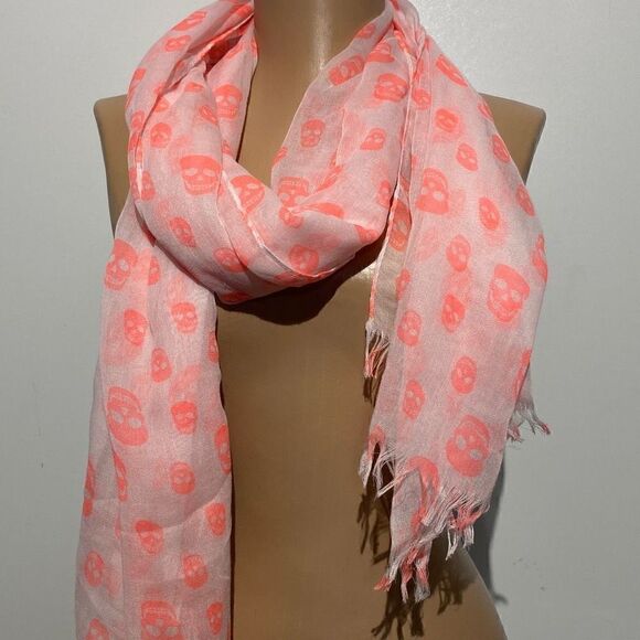 Unisex Orange Skull Print Sheer Lightweight Fringe Trim Off White Scarf 28X72 - Picture 1 of 4